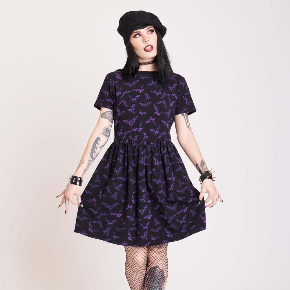 Midnight Hour Purple Bats Xray Babydoll Dress, Size S (Fits Like A Medium)